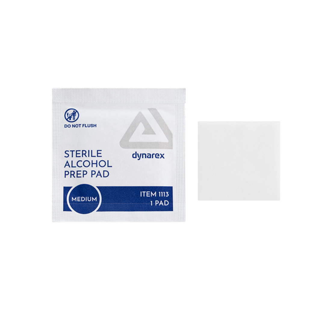 A Dynarex Alcohol Prep Pads - Sterile packet labeled "medium" sits beside an unfolded white pad on a white background, offering a clear reference for spec tables or product reviews.